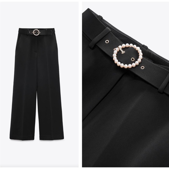 New ZARA Black Belted Wide Leg Drapey Trouser Pants - Picture 5 of 13